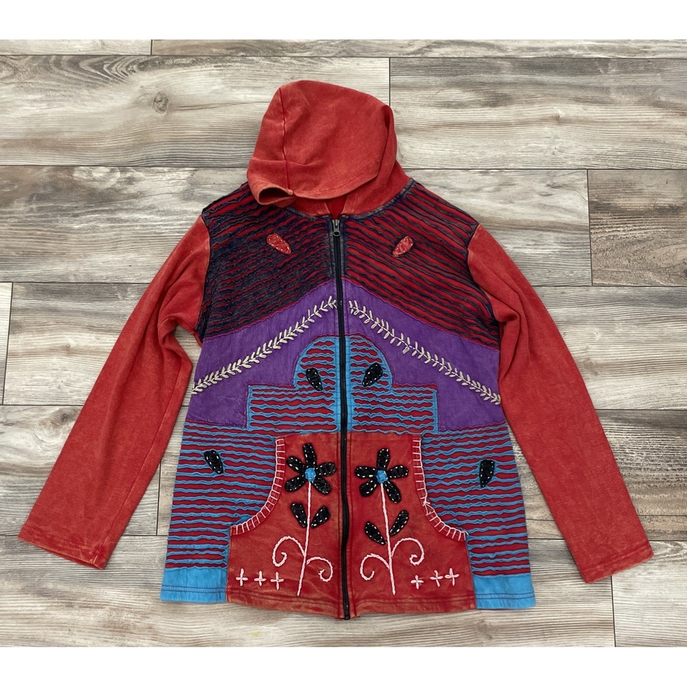 Rising International Boho Hippie Hoodie Jacket Women's Sz XL Patchwork Full Zip